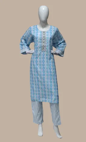 Sea Blue Printed Kurti Top & Pants