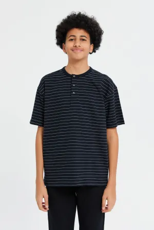 Senior Boys Black And White Oversize Henley T-Shirt