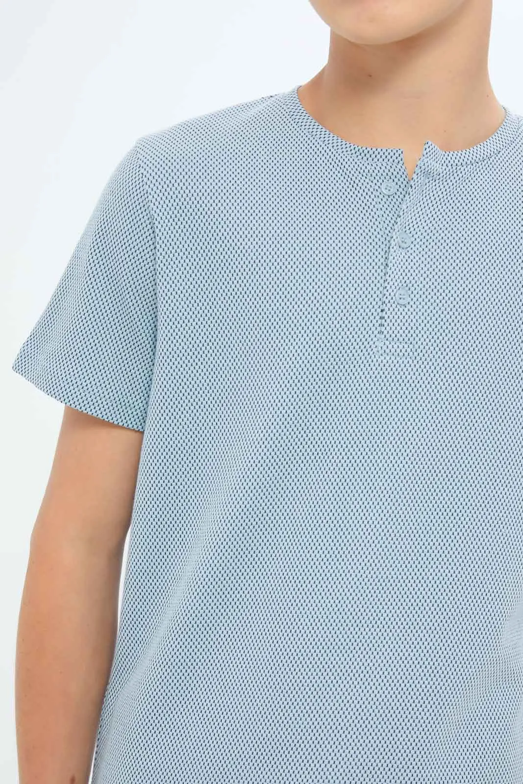 Senior Boys Blue Jacquard Henley T-Shirt