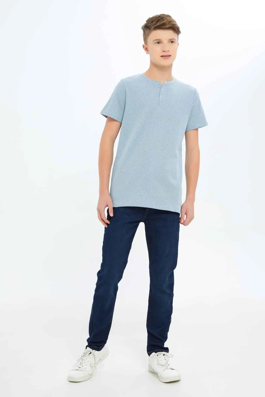 Senior Boys Blue Jacquard Henley T-Shirt