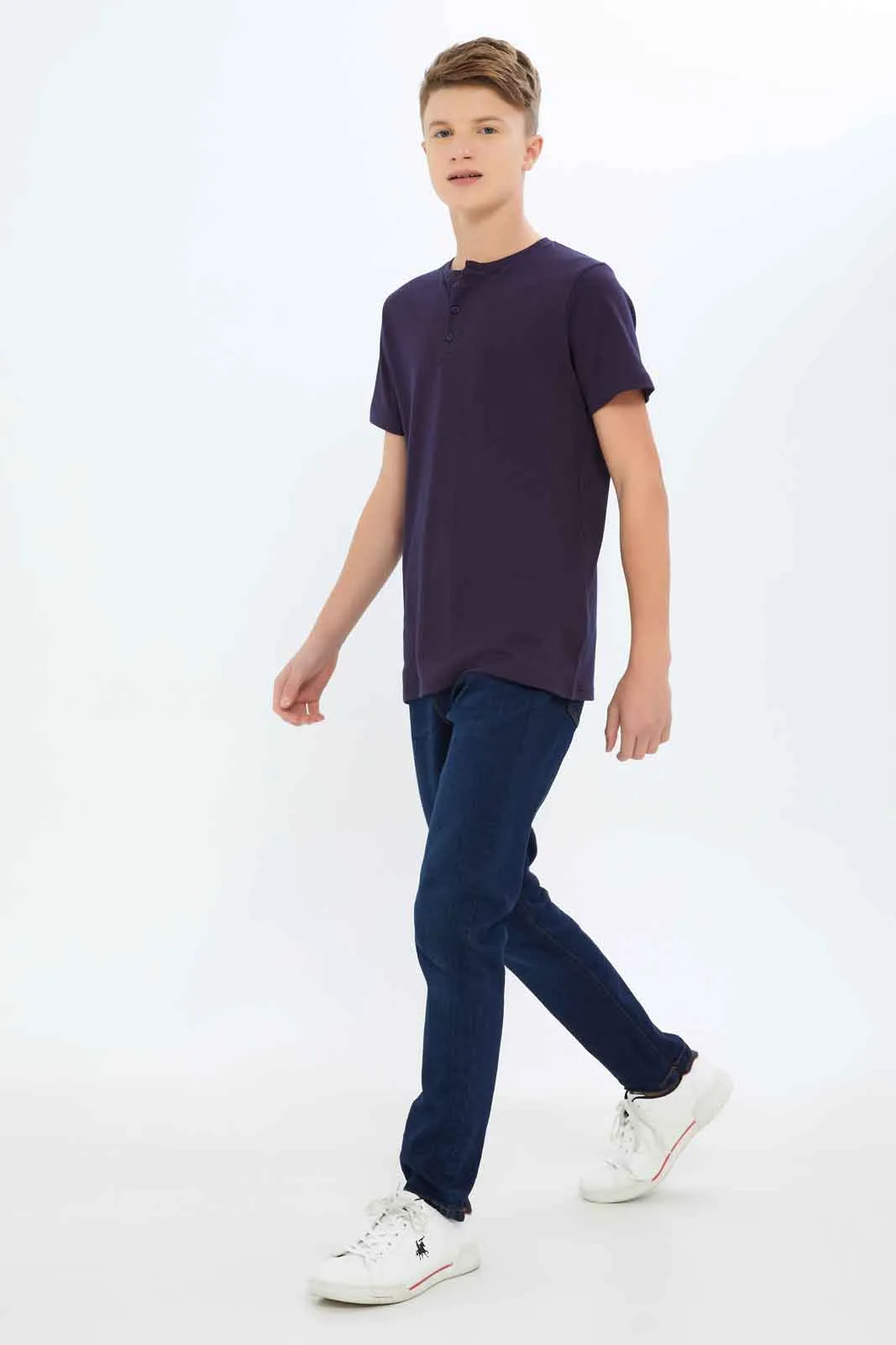 Senior Boys Navy Jacquard Henley T-Shirt