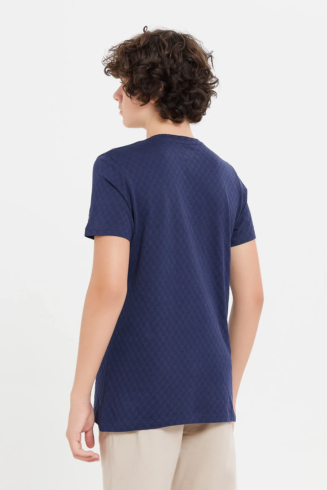 Senior Boys Navy Jacquard Henley Tee