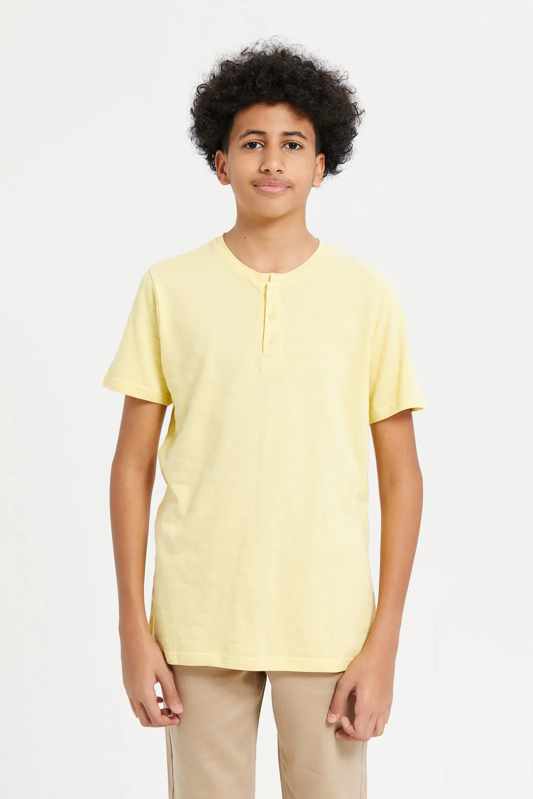 Senior Boys Yellow Jacquard Henley T-Shirt