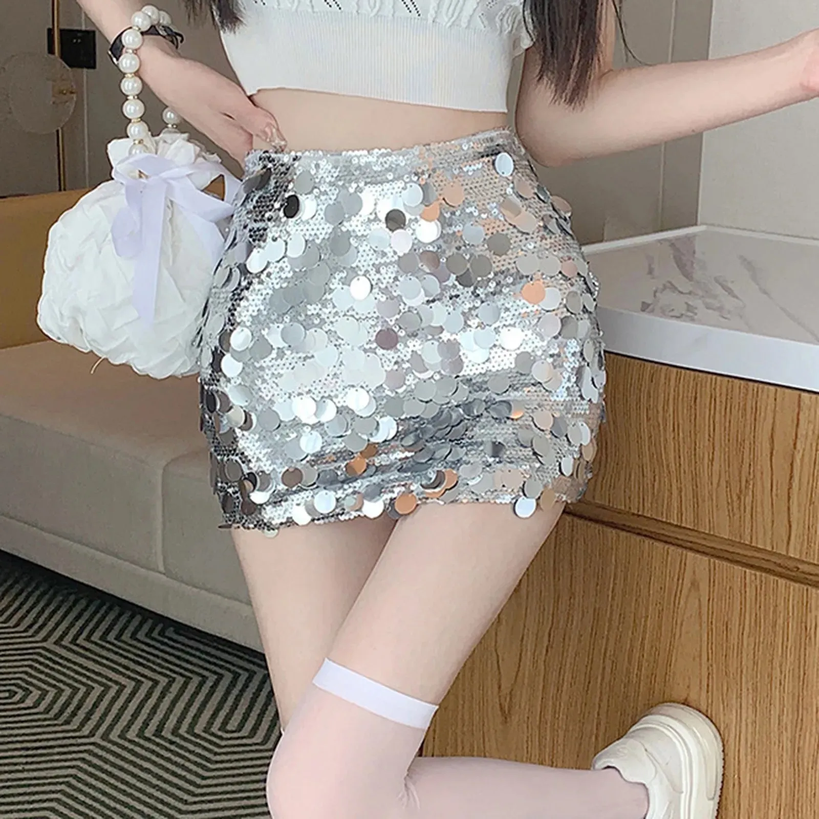 Sequin Mini Skirt Shiny High Waisted Night Club Party Bodycon Y2K Evening Fashion Skirt