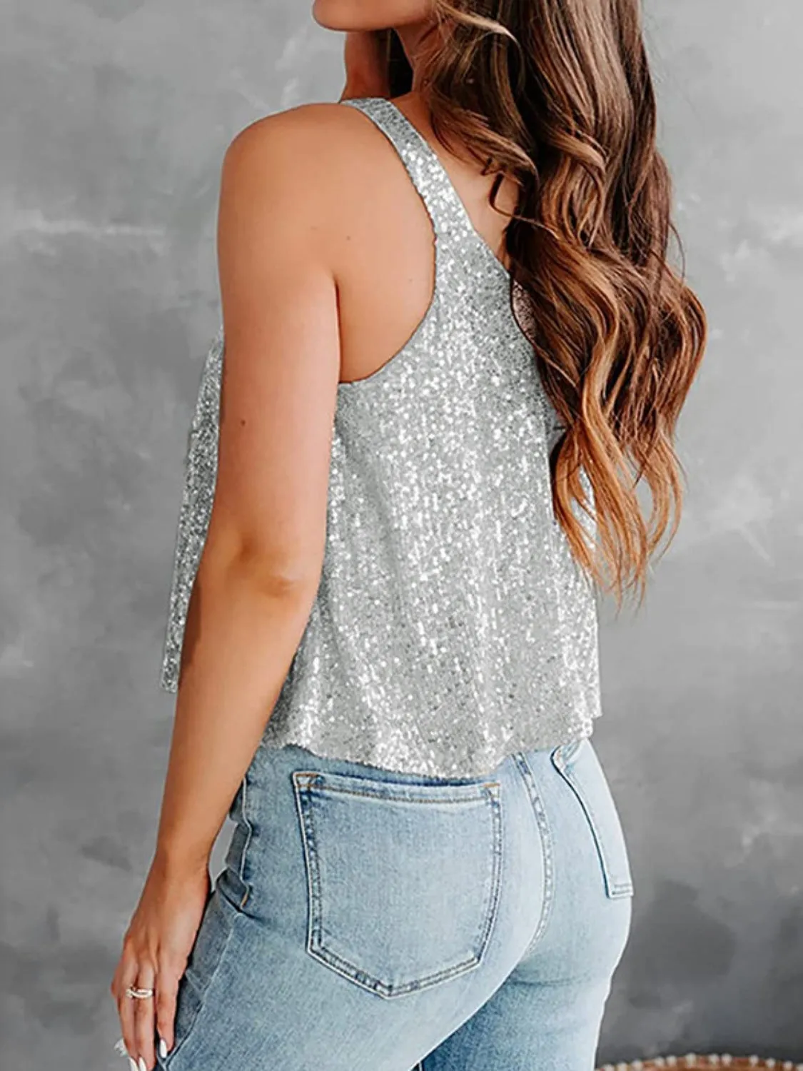 Sequin Scoop Neck Tank Top Women's Loose Fit Sleeveless Shiny Shirt