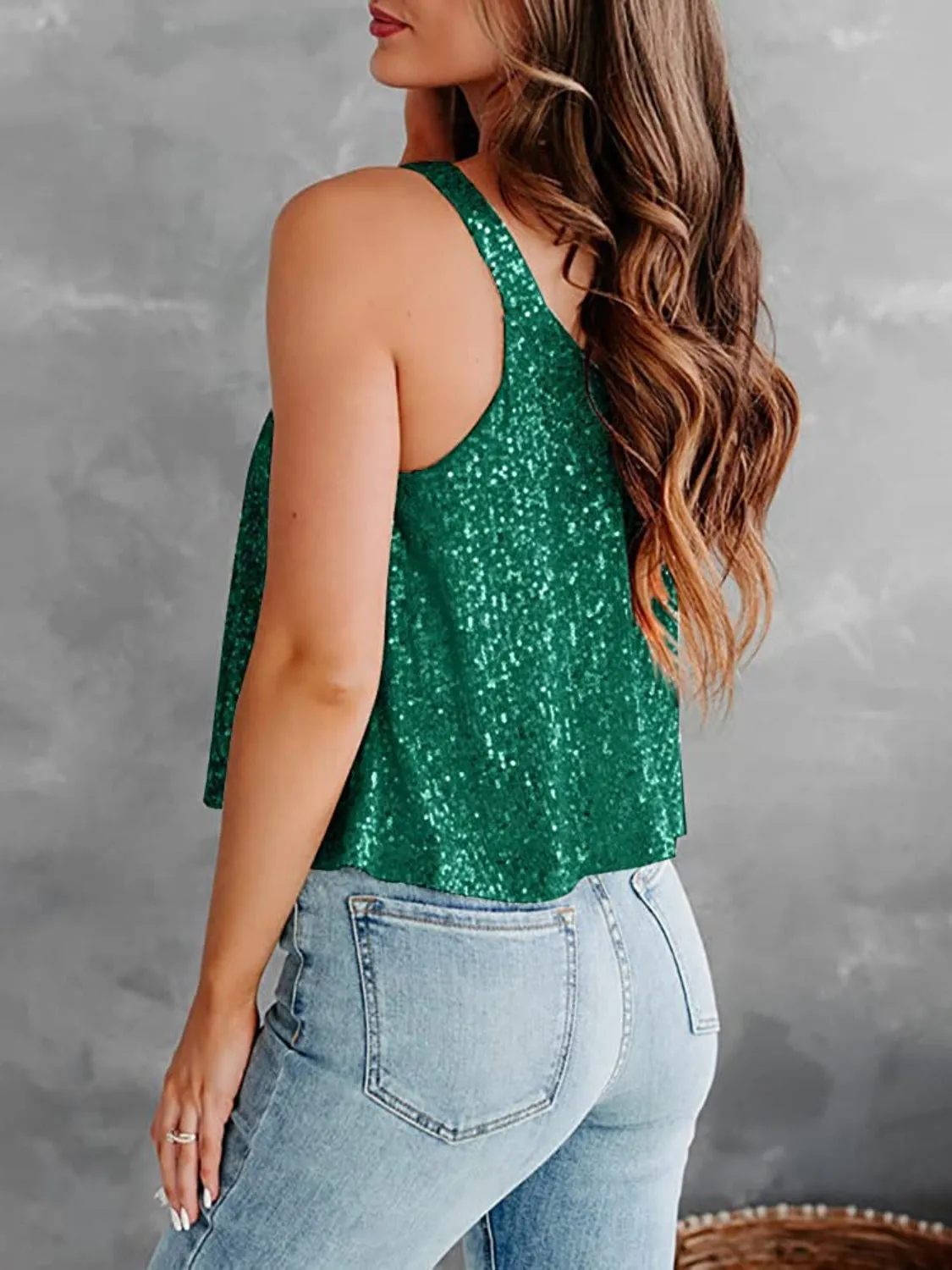 Sequin Scoop Neck Tank Top Women's Loose Fit Sleeveless Shiny Shirt