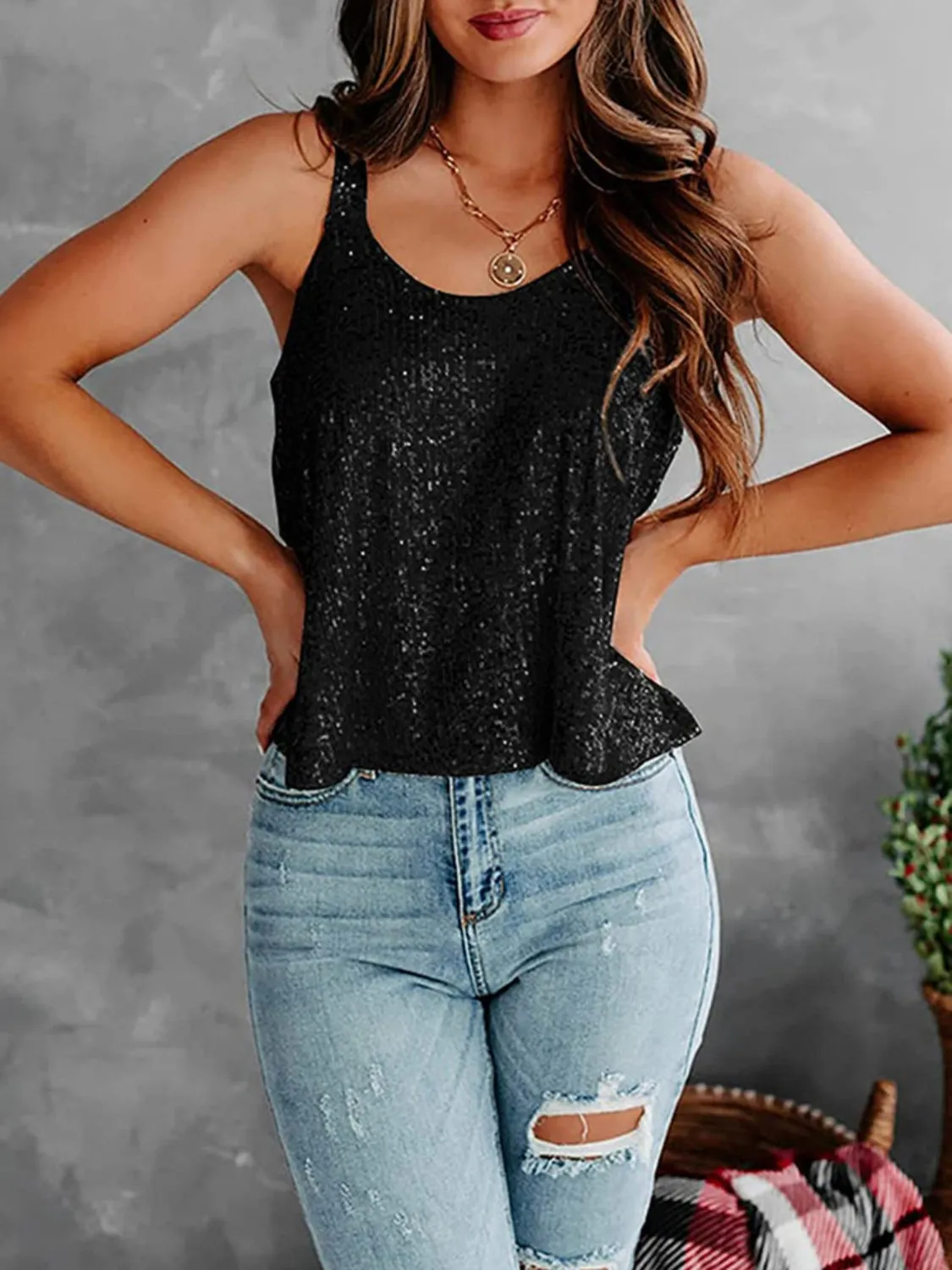 Sequin Scoop Neck Tank Top Women's Loose Fit Sleeveless Shiny Shirt