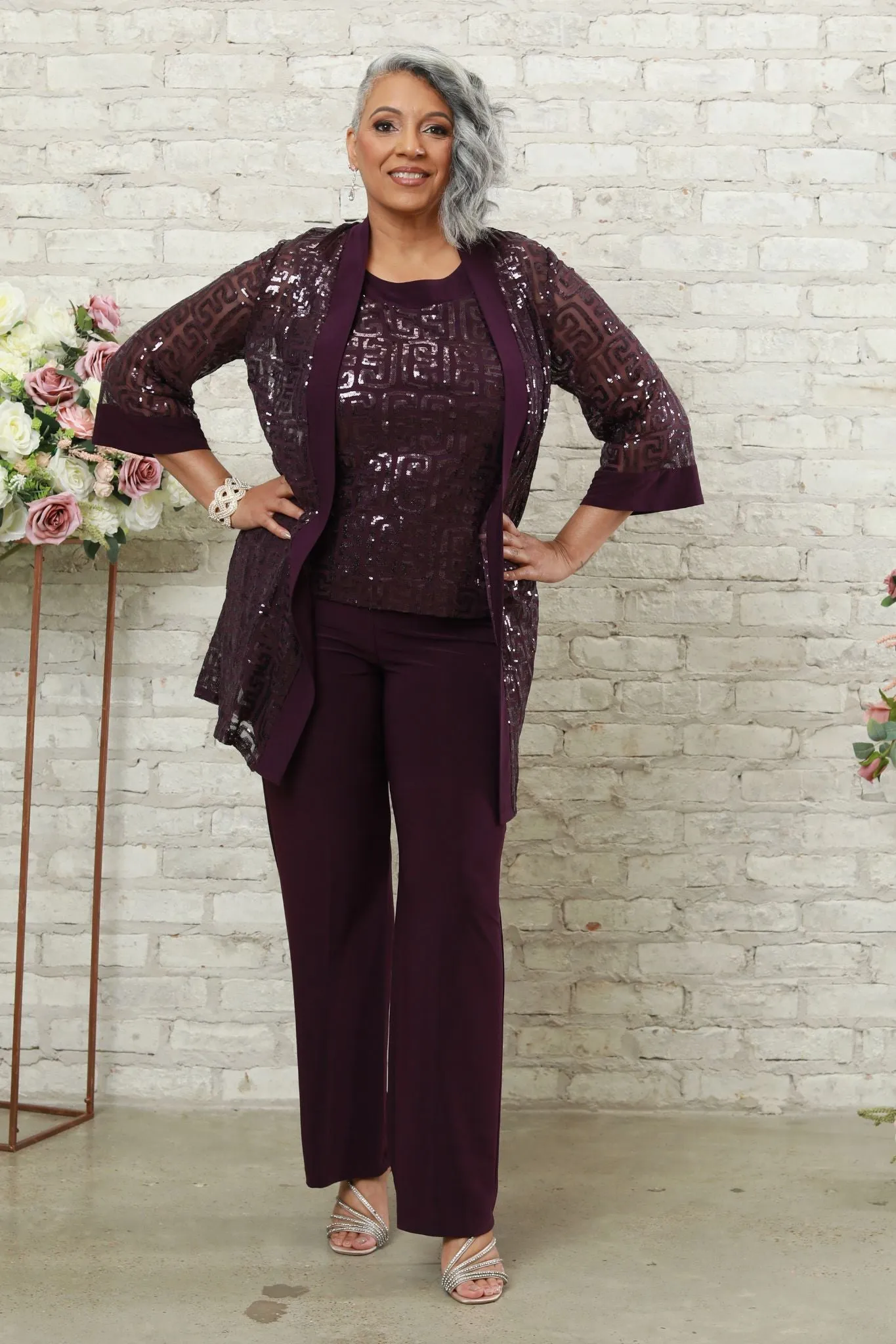 Sequined Three-Piece Women's Formal Pant Suit