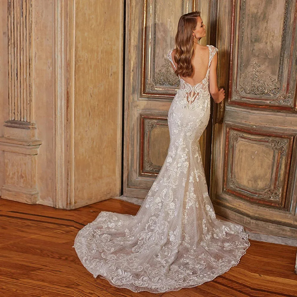 Shiny Mermaid Wedding Dress with Removable Train & Beaded Appliques