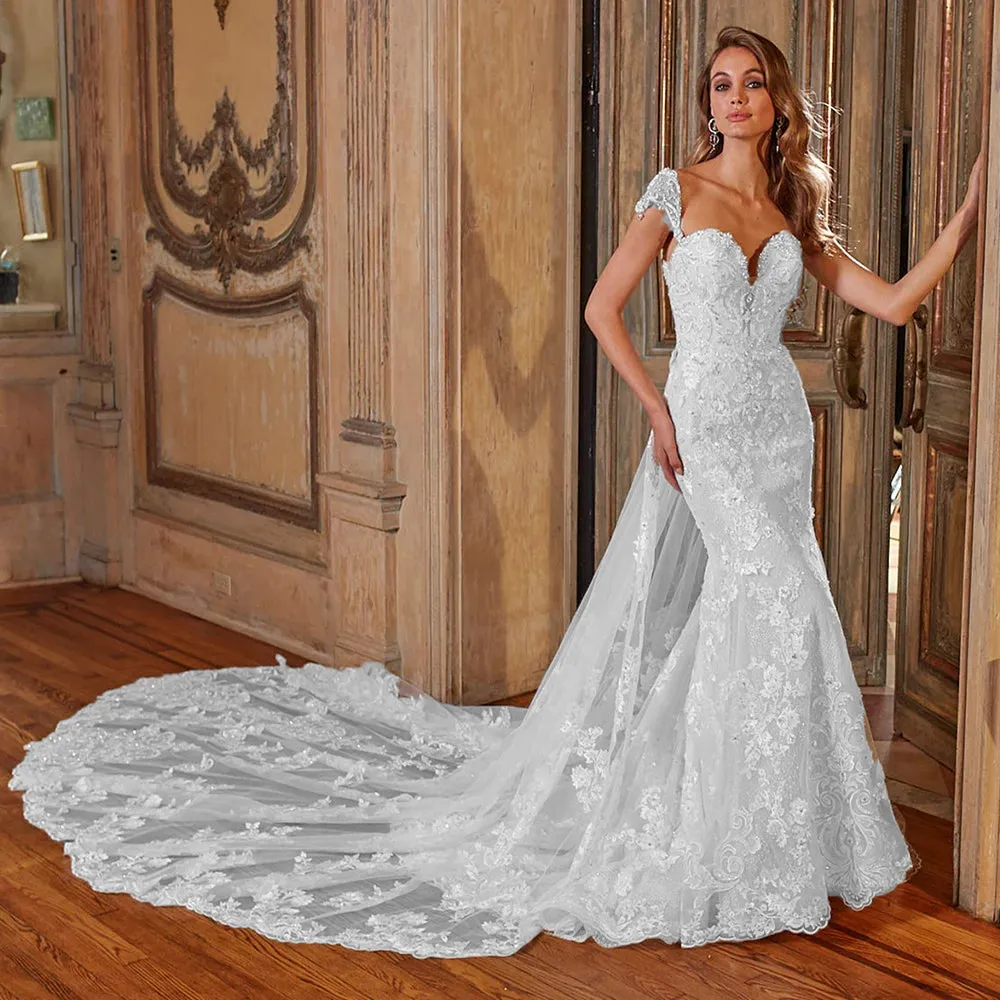 Shiny Mermaid Wedding Dress with Removable Train & Beaded Appliques