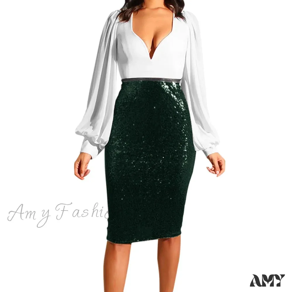 Shiny Sequin High Waist Glitter Gold Silver Stretchy Pencil Skirt