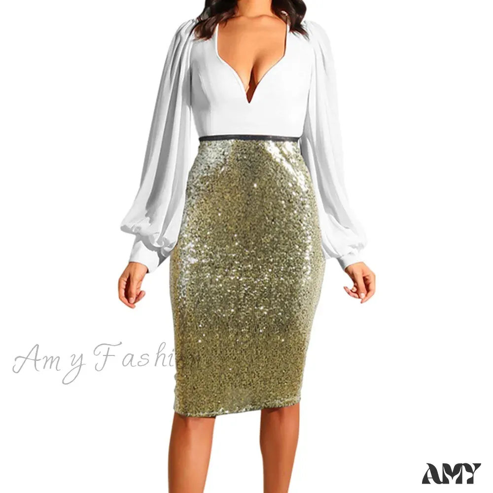 Shiny Sequin High Waist Glitter Gold Silver Stretchy Pencil Skirt