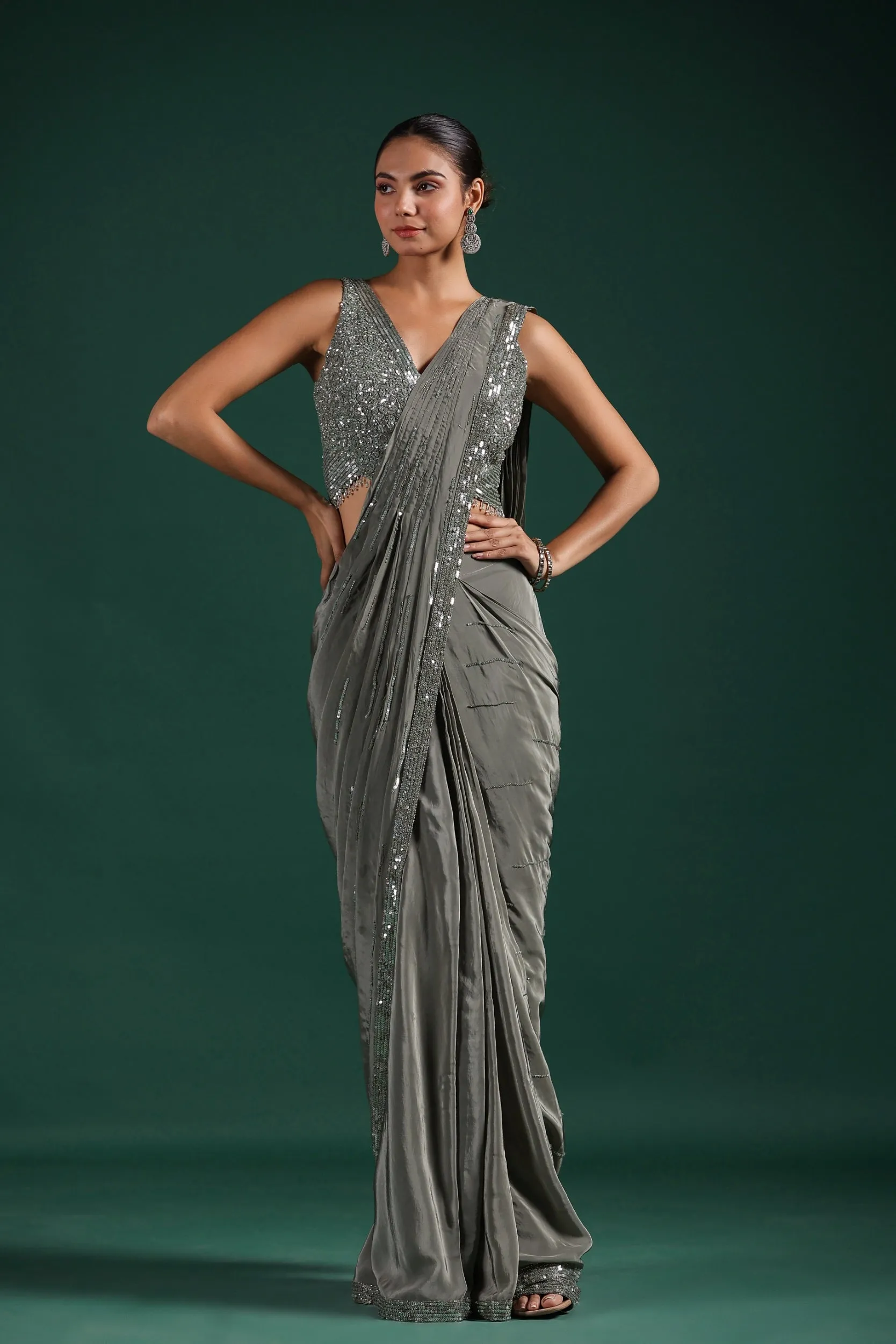 Silver Embellished Mulberry Silk Draped Saree