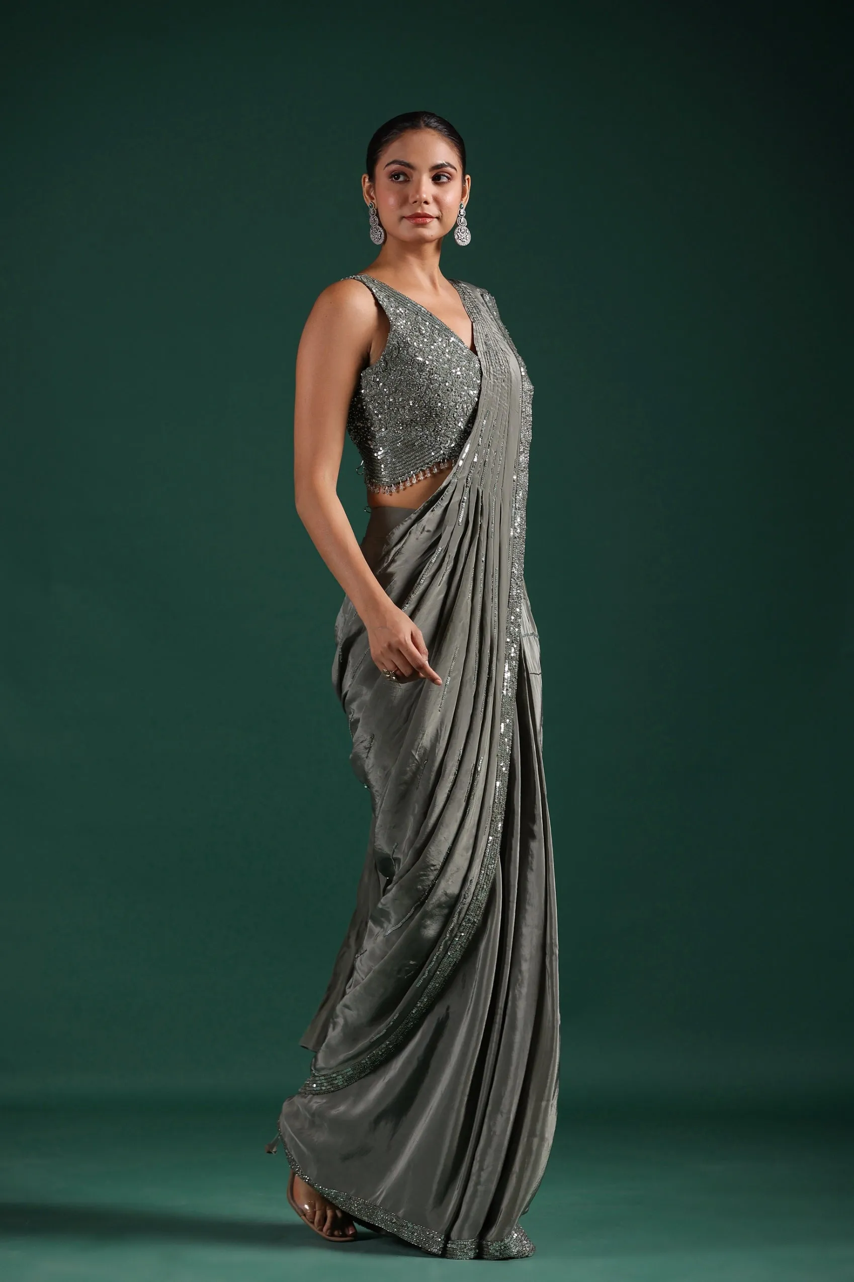 Silver Embellished Mulberry Silk Draped Saree