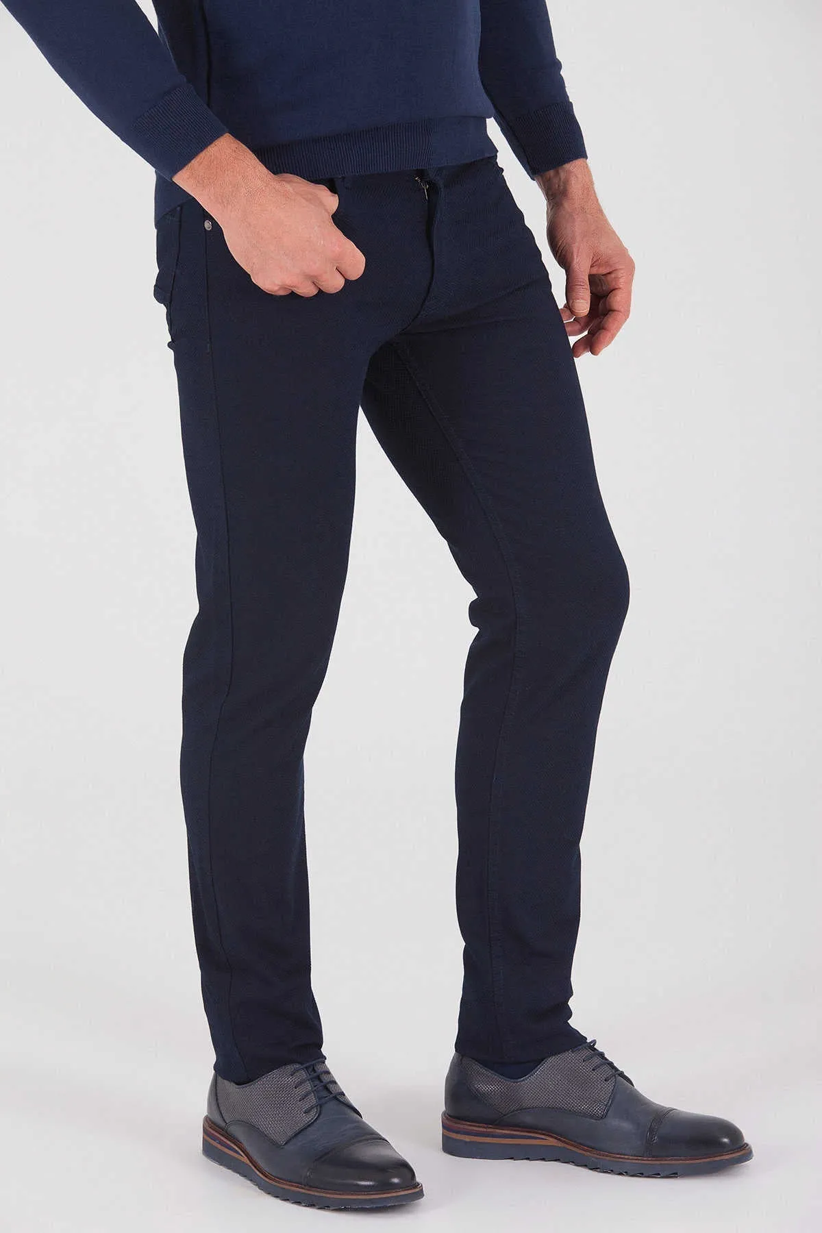 Slim Fit 5 Pocket Navy Low Waist Cotton Casual Pants