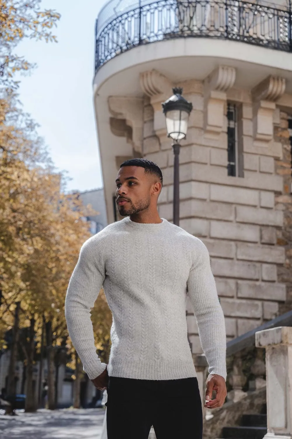 Soft Cable Crew Neck in Pale Grey Marl