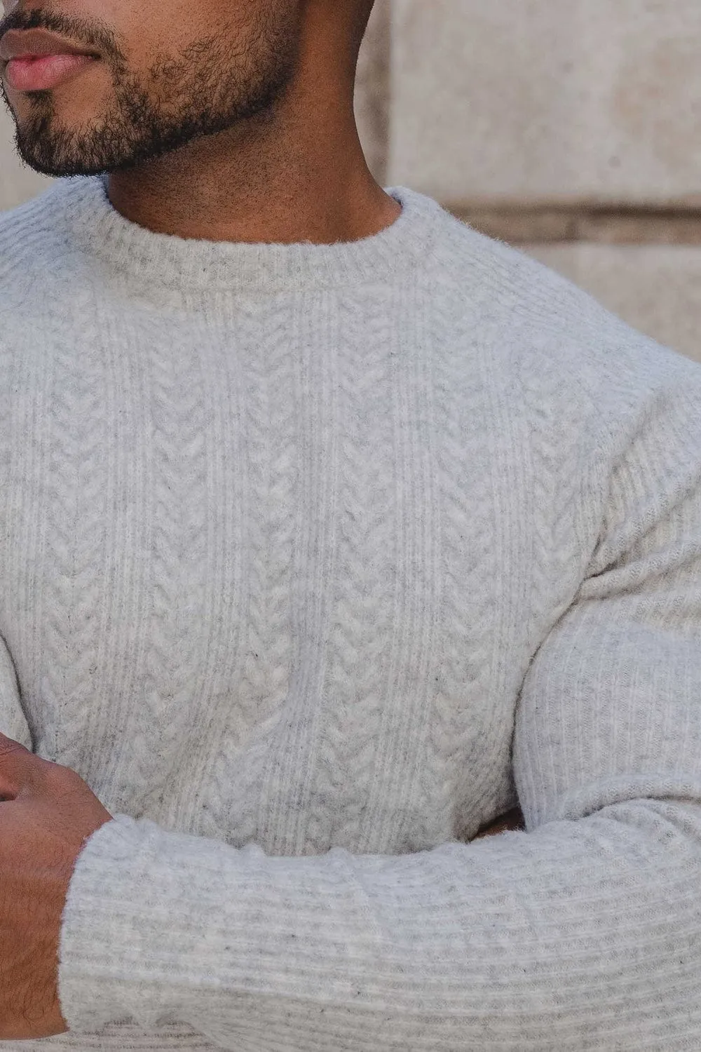 Soft Cable Crew Neck in Pale Grey Marl