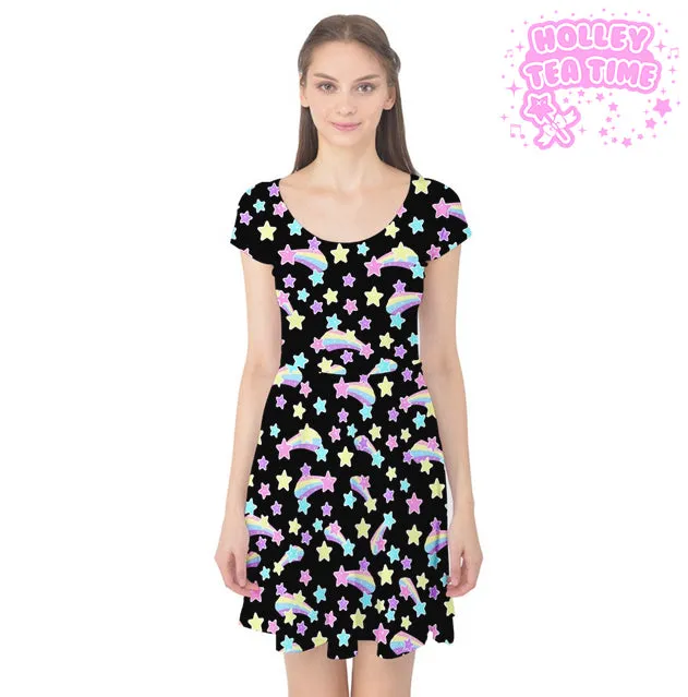 Starry Party Black cap sleeve skater dress [made to order]