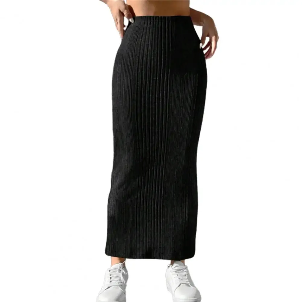 Striped Warm Slim-fit Sheath Skirt Bottom for Fall, High Waist, Maxi Length