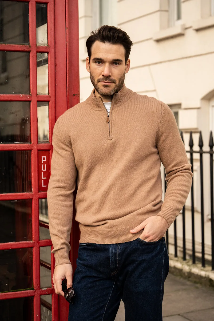 Sutherland Lambswool 1/4 Zip Jumper in Camel - Regular Fit