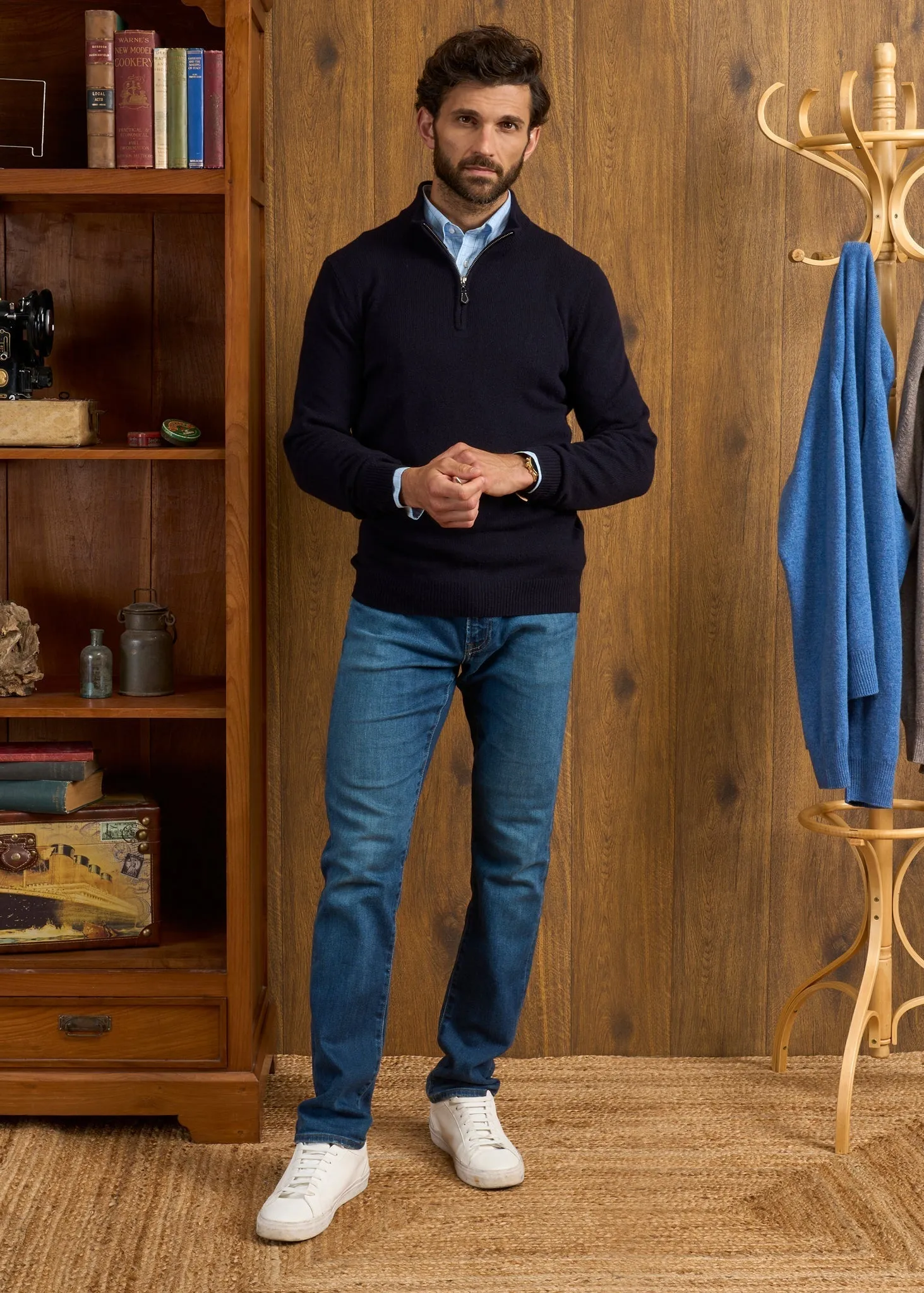 Sutherland Lambswool 1/4 Zip Jumper in Navy - Regular Fit