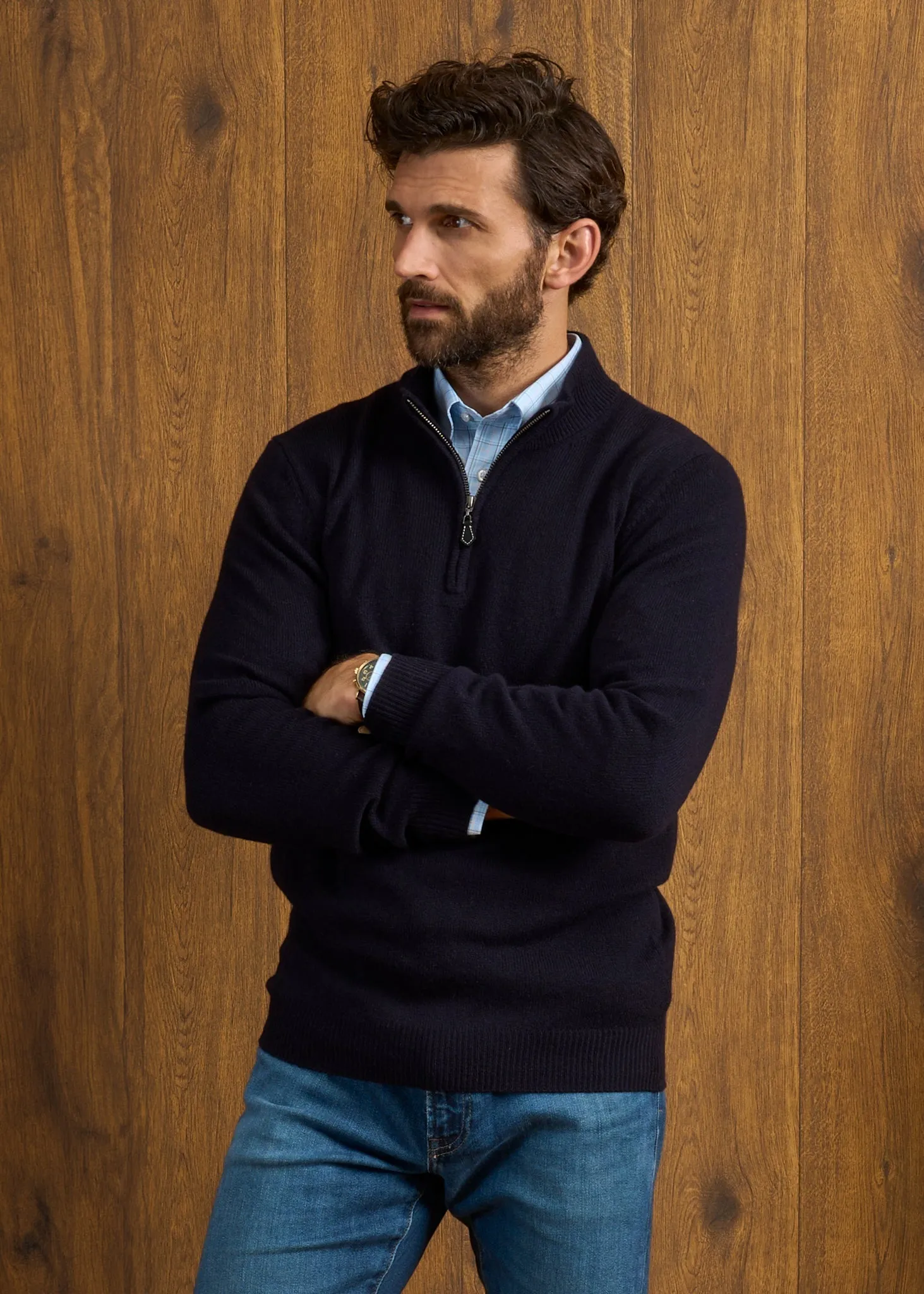 Sutherland Lambswool 1/4 Zip Jumper in Navy - Regular Fit