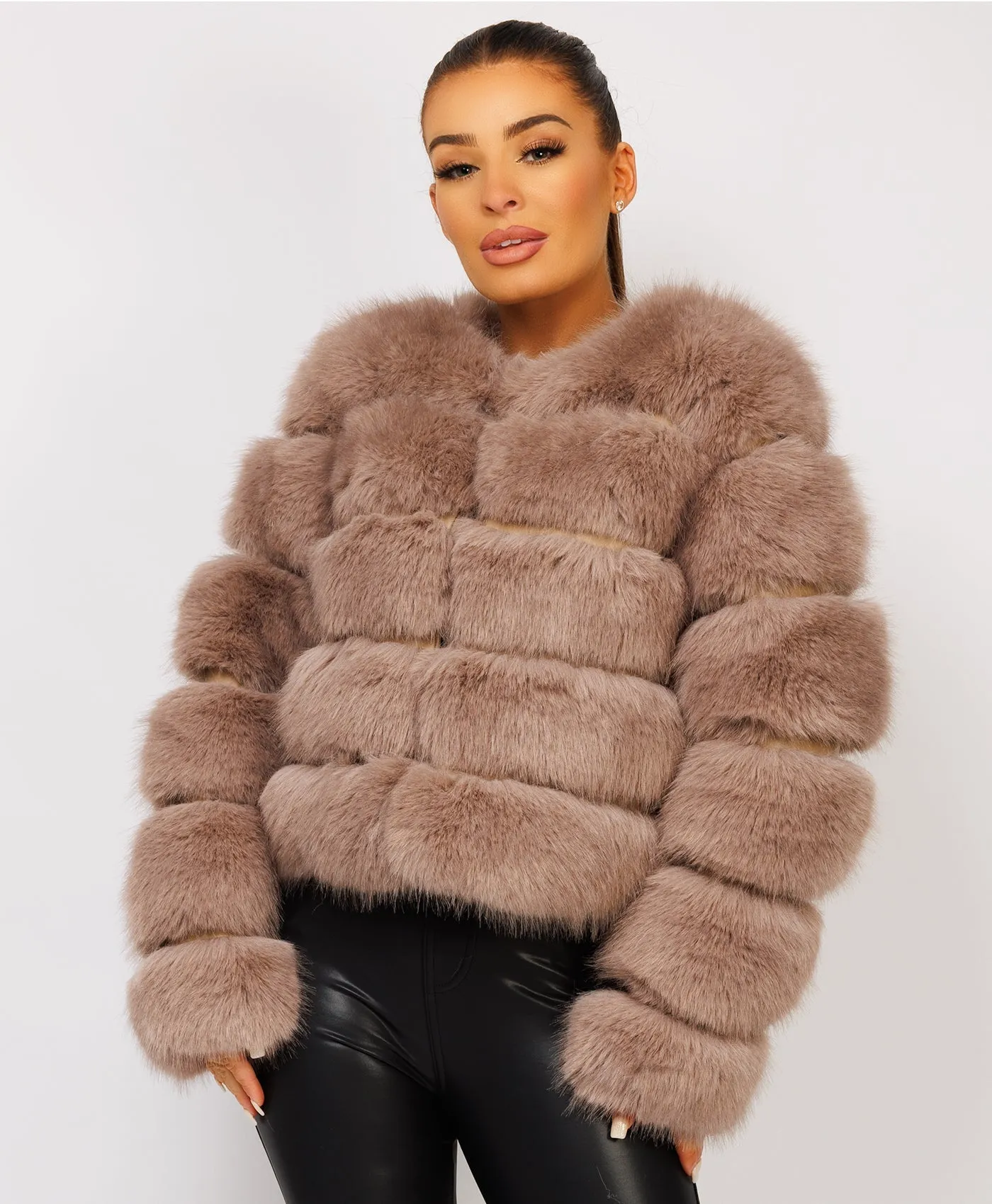 Taupe Faux Fur Tiered Panel Premium Coat Jacket