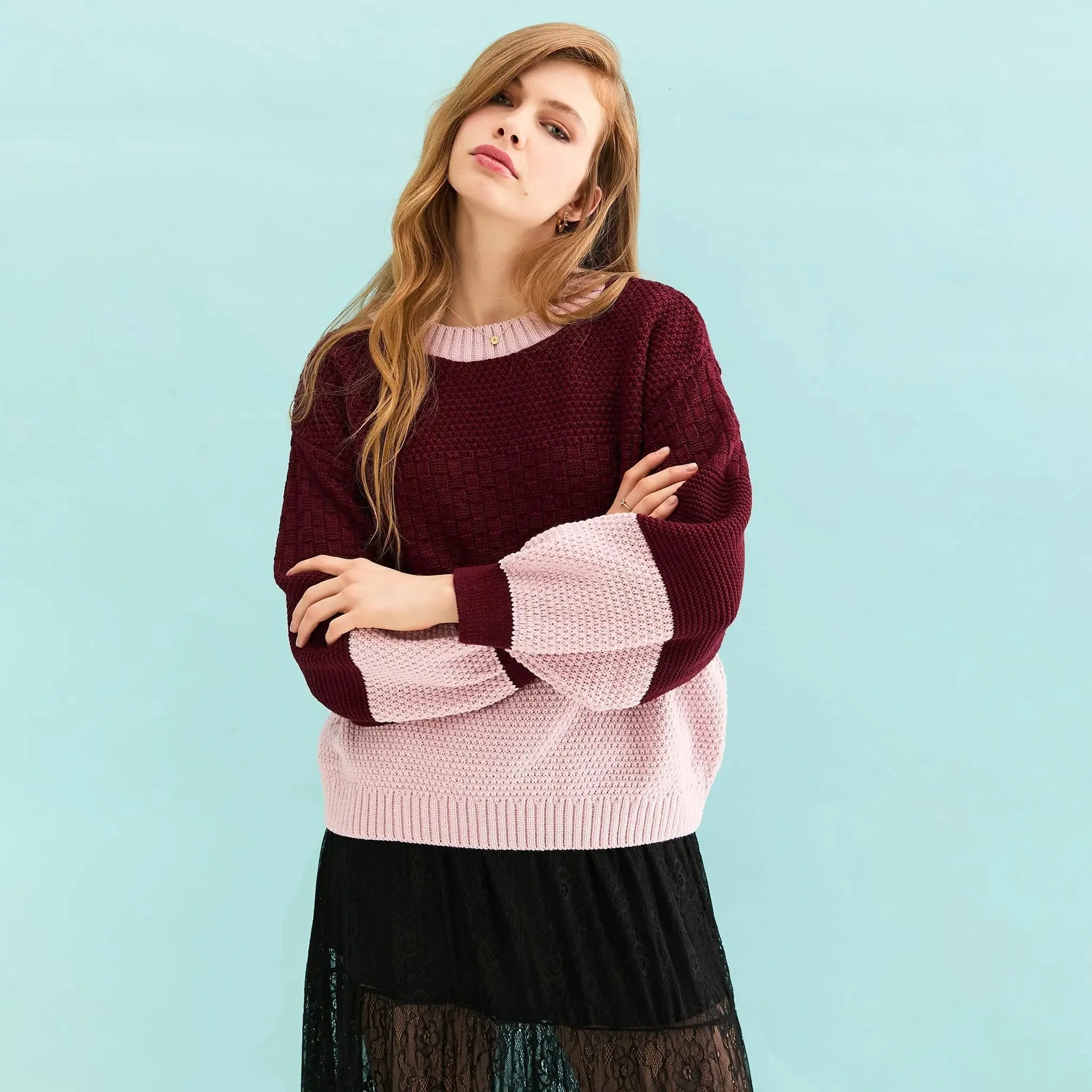 Taz Recycled Cotton Mix Two Tone Jumper - Burgundy