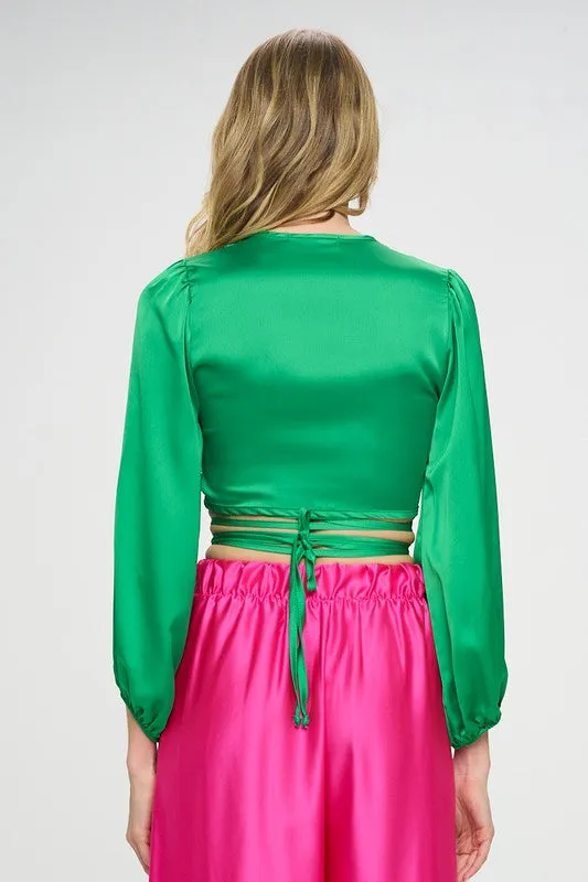 TEEK - Silky Satin Wrap Crop Tied Top