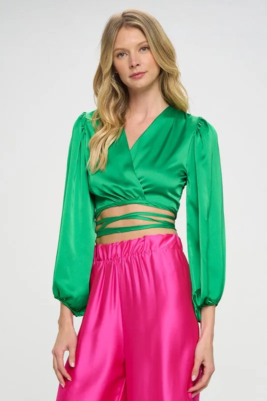 TEEK - Silky Satin Wrap Crop Tied Top