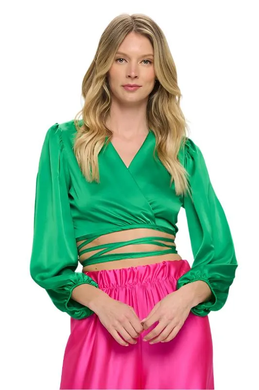 TEEK - Silky Satin Wrap Crop Tied Top