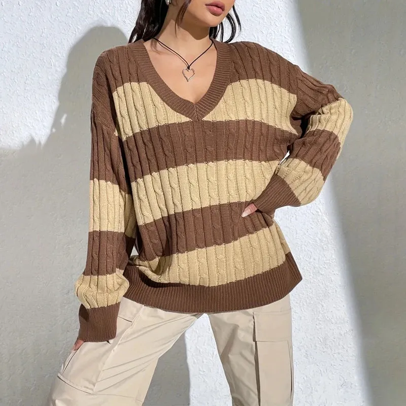 Toleet-Women Y2K Striped Sweater Vintage Aesthetic Preppy Pullovers V Neck Long Sleeve Oversized Cable Knitted Jumper Tops Streetwear