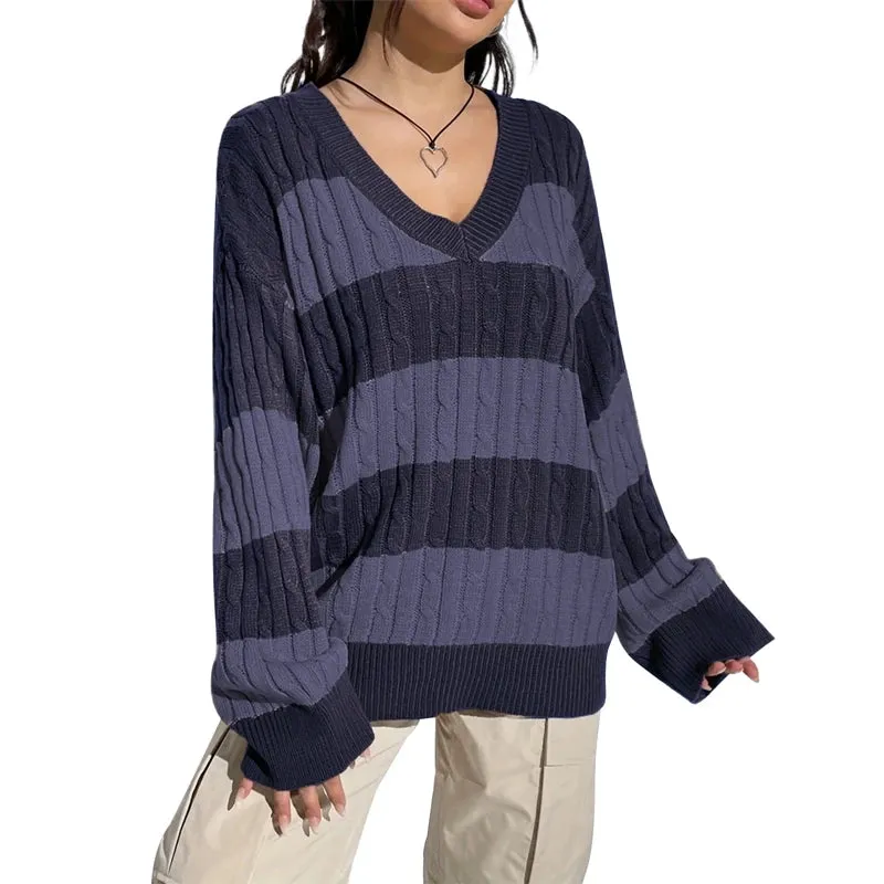 Toleet-Women Y2K Striped Sweater Vintage Aesthetic Preppy Pullovers V Neck Long Sleeve Oversized Cable Knitted Jumper Tops Streetwear