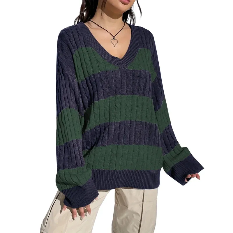 Toleet-Women Y2K Striped Sweater Vintage Aesthetic Preppy Pullovers V Neck Long Sleeve Oversized Cable Knitted Jumper Tops Streetwear