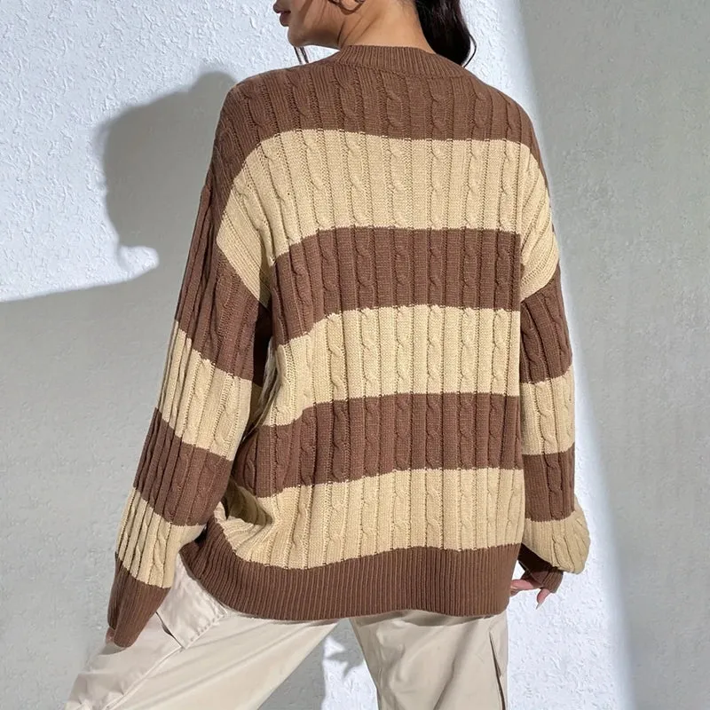 Toleet-Women Y2K Striped Sweater Vintage Aesthetic Preppy Pullovers V Neck Long Sleeve Oversized Cable Knitted Jumper Tops Streetwear