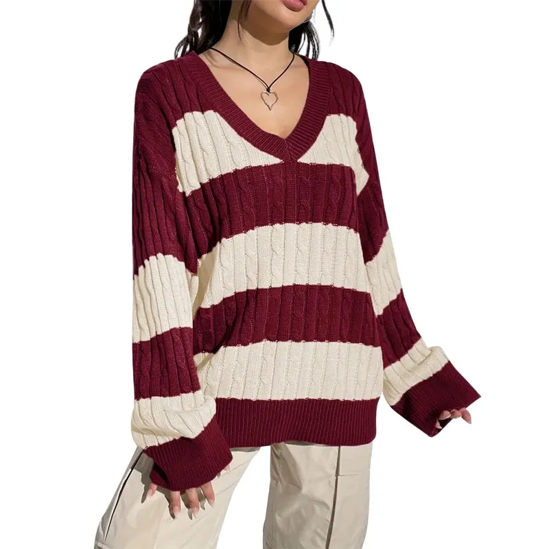 Toleet-Women Y2K Striped Sweater Vintage Aesthetic Preppy Pullovers V Neck Long Sleeve Oversized Cable Knitted Jumper Tops Streetwear