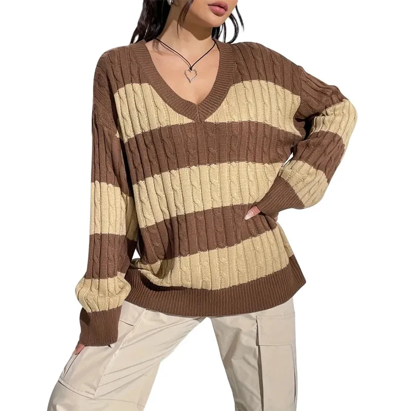 Toleet-Women Y2K Striped Sweater Vintage Aesthetic Preppy Pullovers V Neck Long Sleeve Oversized Cable Knitted Jumper Tops Streetwear