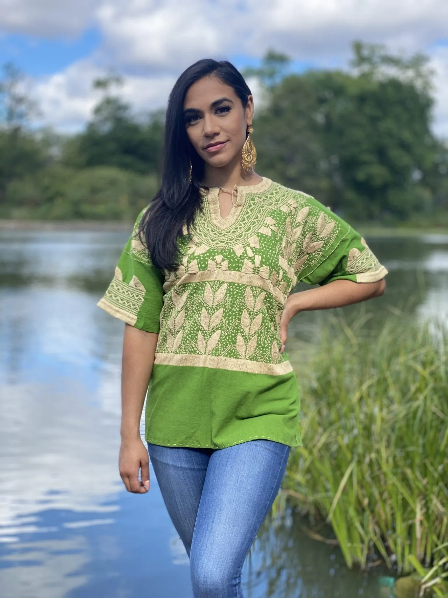 Traditional Mexican Golden Embroidered 3/4 Sleeve Blouse. Blusa Milpas Dorada