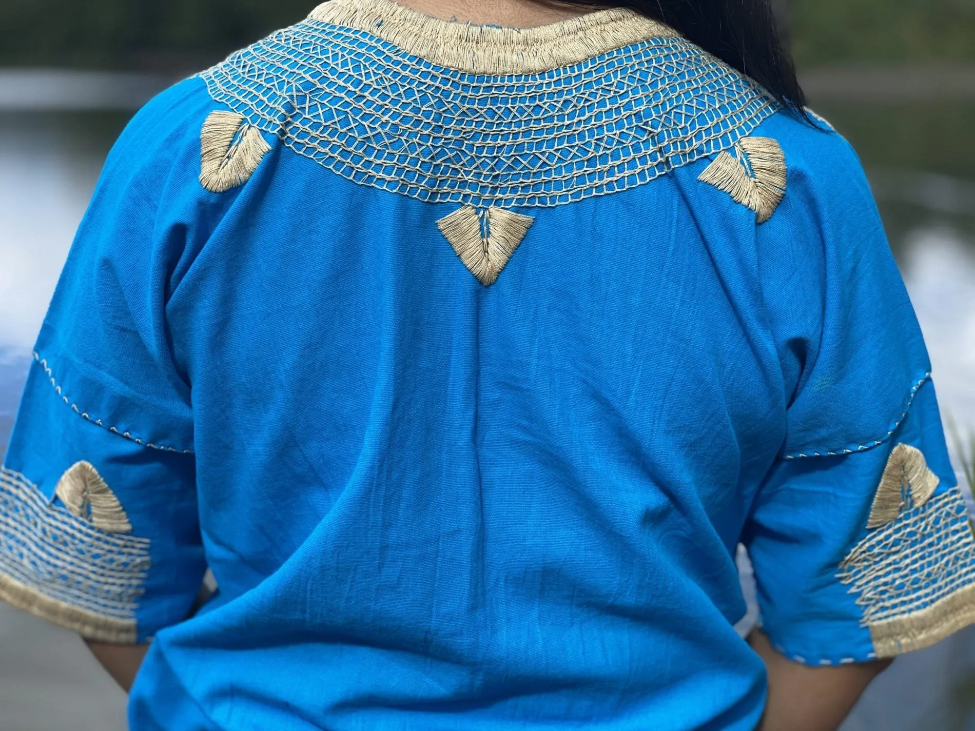 Traditional Mexican Golden Embroidered 3/4 Sleeve Blouse. Blusa Milpas Dorada