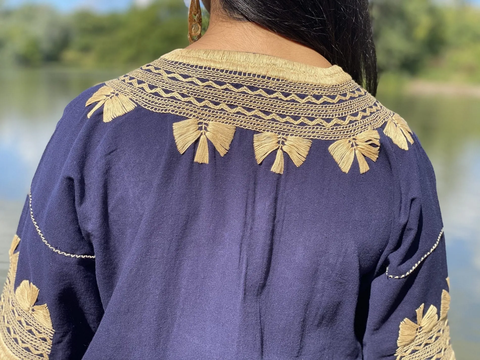 Traditional Mexican Golden Embroidered 3/4 Sleeve Blouse. Blusa Milpas Dorada