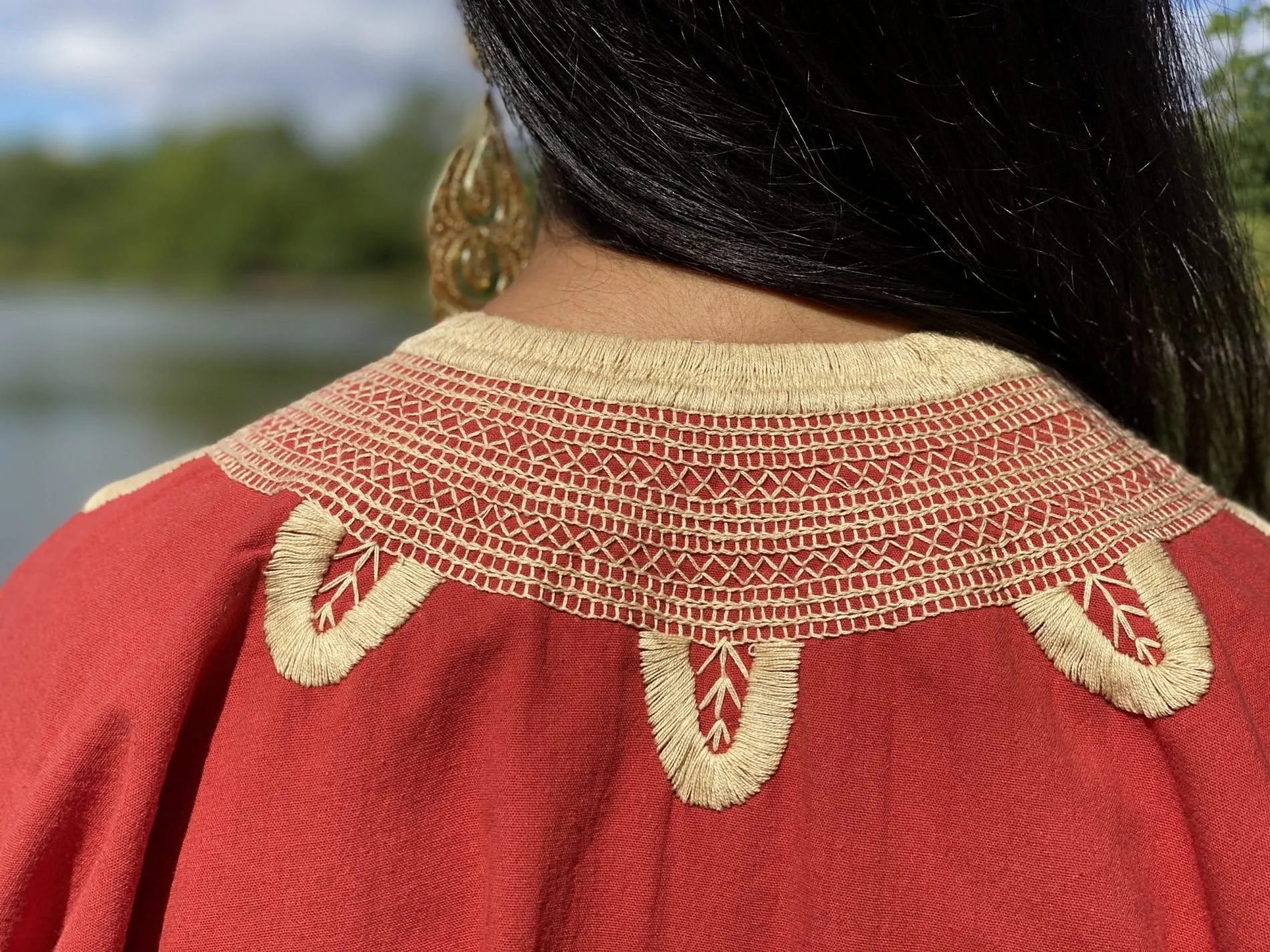 Traditional Mexican Golden Embroidered 3/4 Sleeve Blouse. Blusa Milpas Dorada