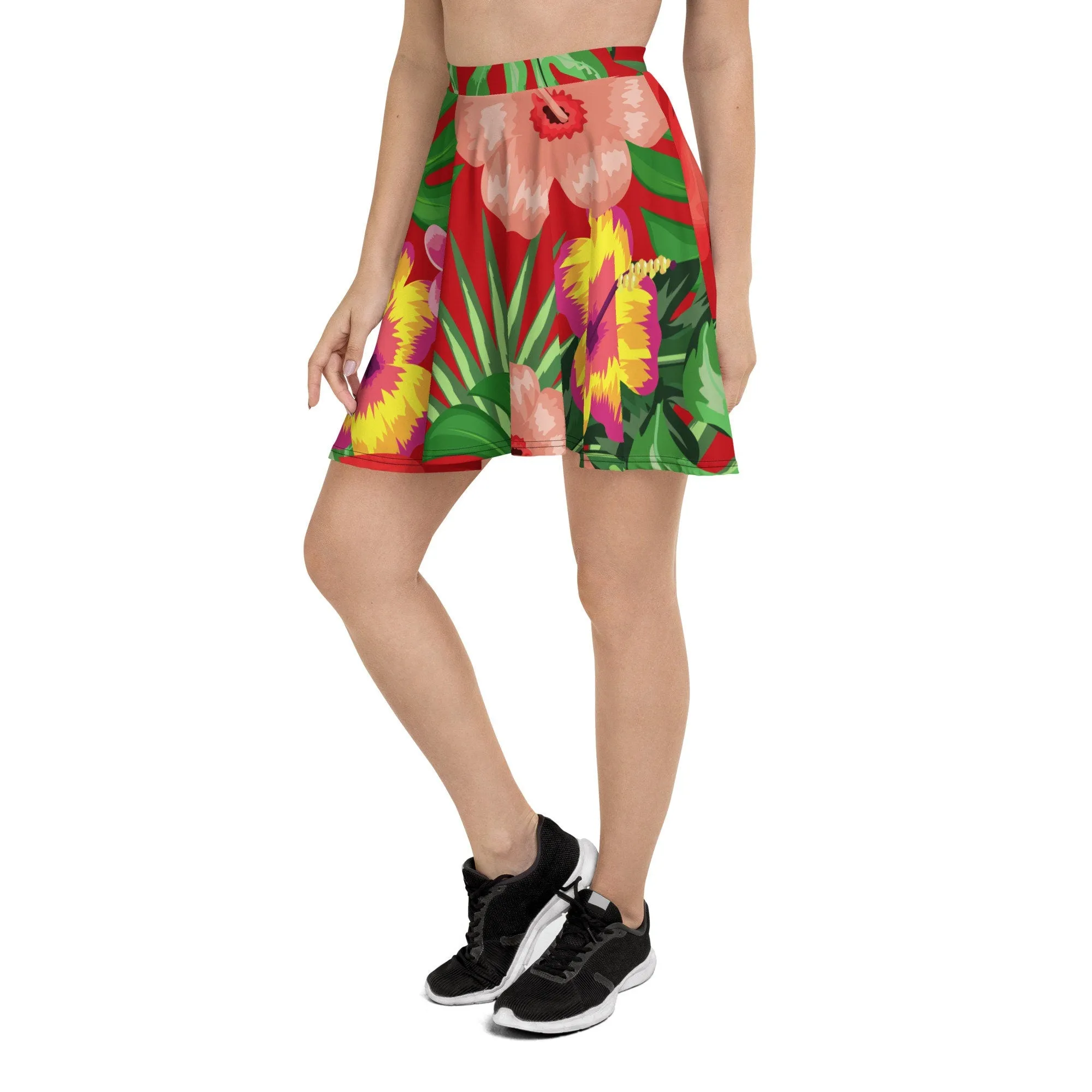 TROPICAL FLORAL RED SKATER SKIRT