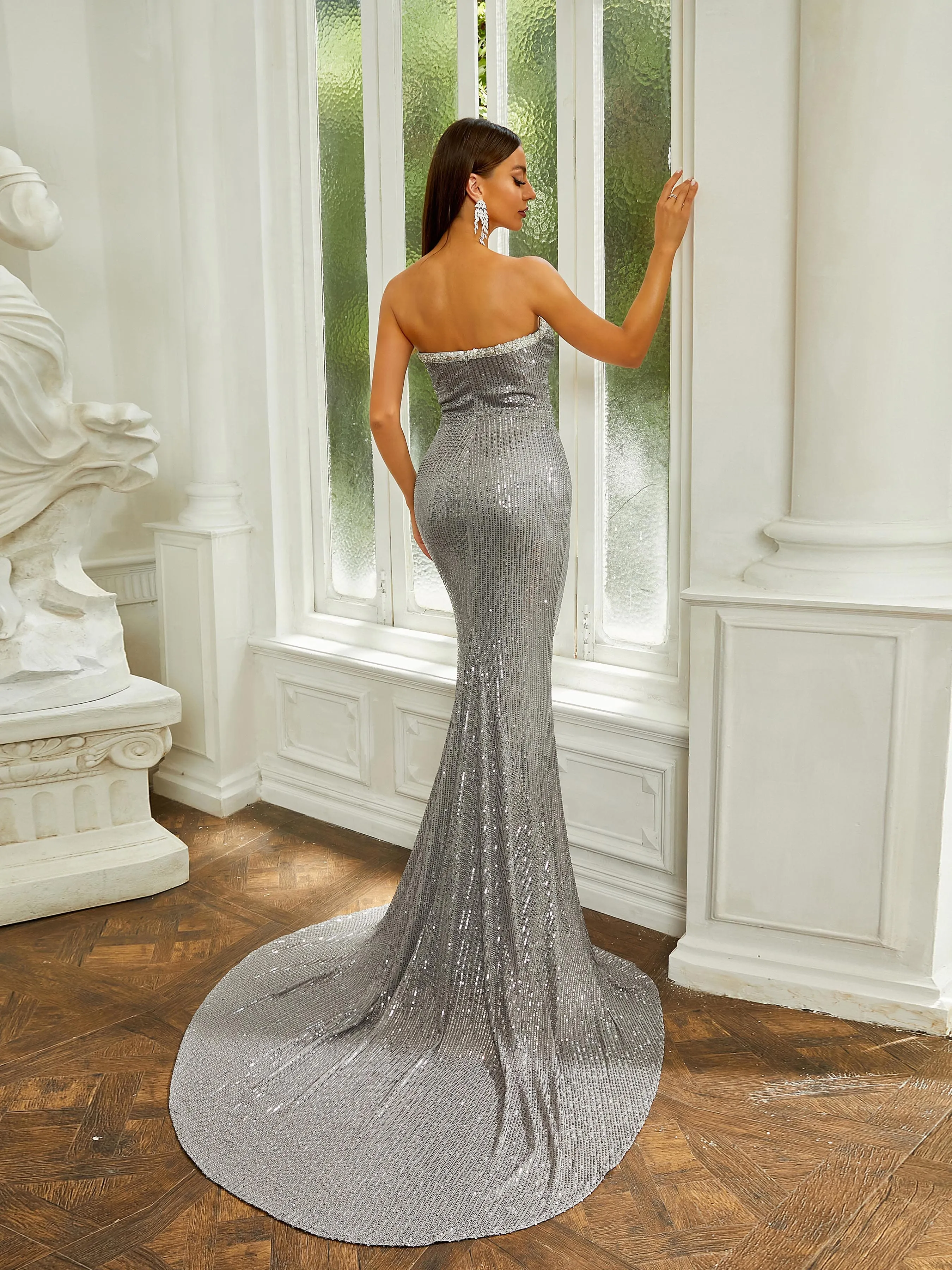 Tube Top Backless Sequin Grey Evening Dress RJ10383