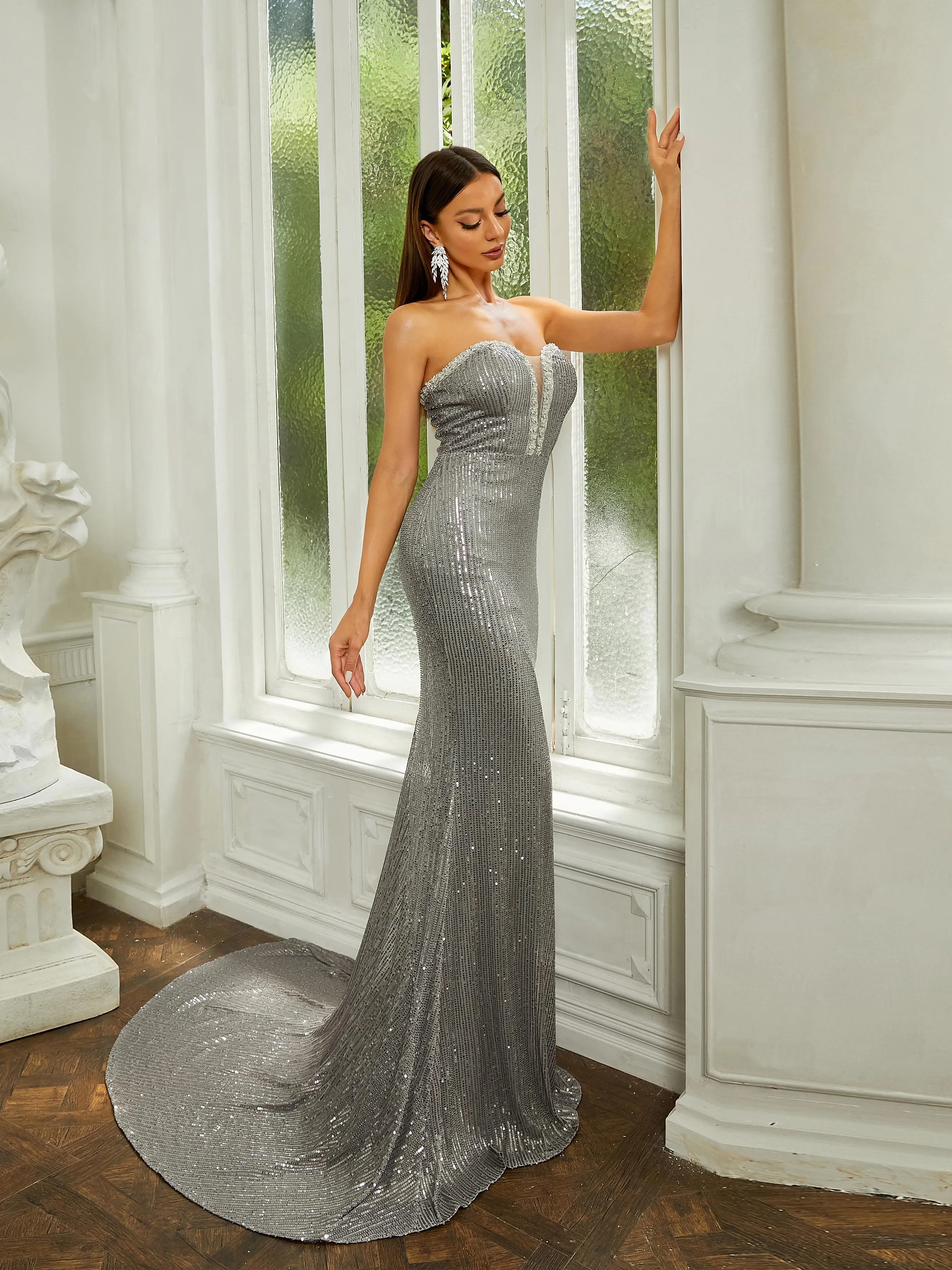 Tube Top Backless Sequin Grey Evening Dress RJ10383