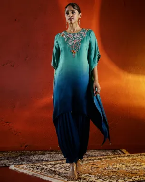 Turquoise Embellished Organza Silk kaftan Set