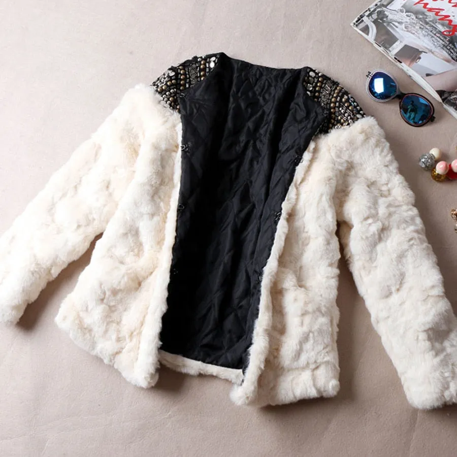 Unique Faux Rabbit Fur Beaded Jacket