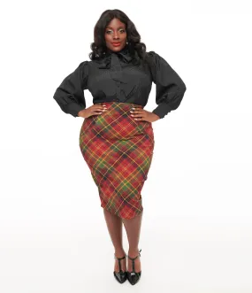 Unique Vintage Plus Size 1950s Burnt Orange & Green Plaid Tracy Pencil Skirt