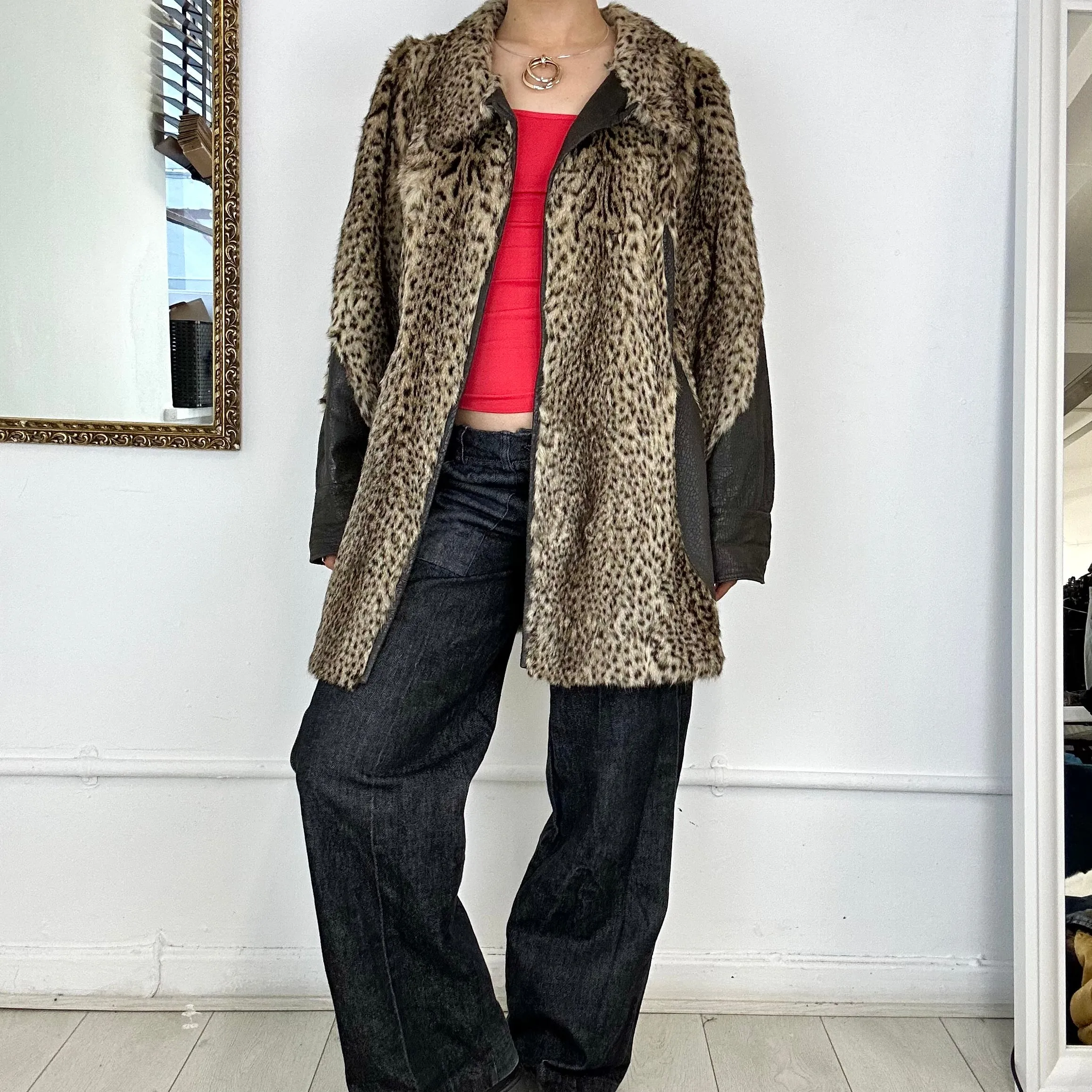 vintage fur cheetah print coat with leather detailing