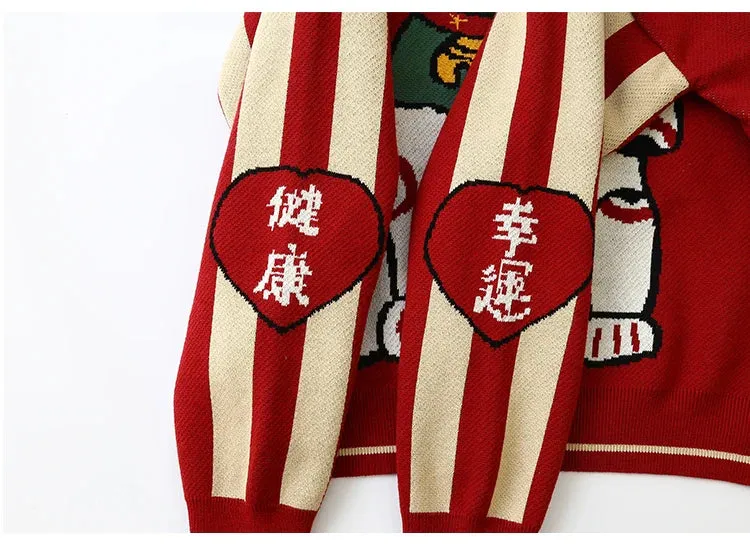 Wenkouban-Christmas Thanksgiving outfits_Thick Warm Retro Lucky Cat Red Cotton Jumper Christmas Sweater