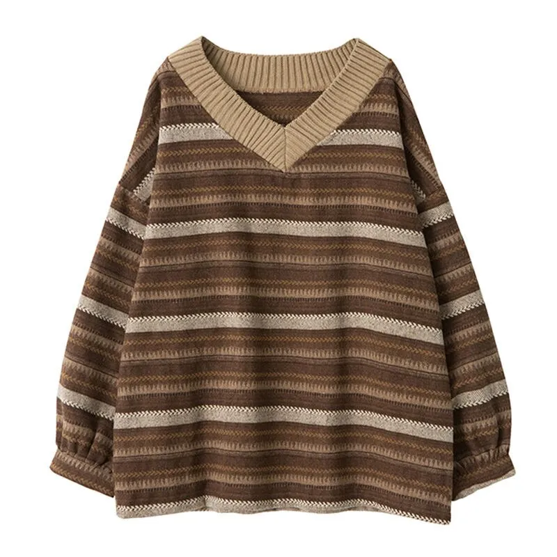 Wenkouban Knitted Sweaters Women Oversized V Neck Striped Pullover Vintage Sweater Autumn Winter Retro Warm Jumper Harajuku Loose Sweater 240924